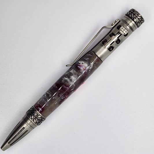 Bolt Action Gear Pen - Acrylic Red and Gray w/ Pewter Finish