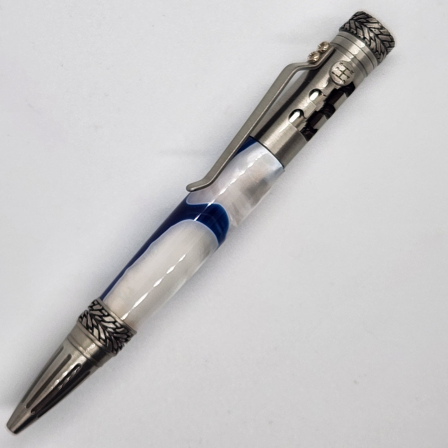 Bolt Action Gear Pen - Acrylic White and Blue w/ Pewter Finish