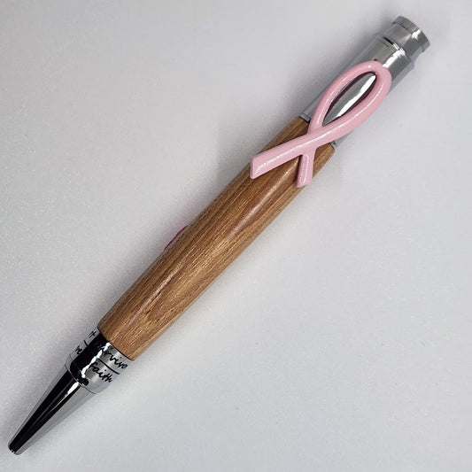 Breast Cancer Pen - Hickory Wood w/ Chrome Finish