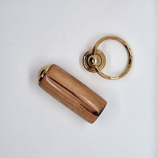 Pill Compartment Keyring - Hickory Wood w/ Gold Finish